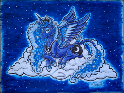 Size: 2143x1614 | Tagged: safe, artist:deidad dissitum, princess luna, pony, unicorn, g4, cloud, horn, leonine tail, looking at you, lying, lying down, lying on a cloud, night, on a cloud, smiling, solo, stars, tail, traditional art