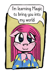 Size: 575x811 | Tagged: safe, artist:n', pinkie pie, earth pony, pony, g4, clothes, comic, dialogue, heart, pinkamena diane pie, robe, simple background, solo, transparent background