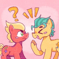 Size: 1000x1000 | Tagged: safe, artist:cozyinbutters, hitch trailblazer, sprout cloverleaf, earth pony, pony, g5, abstract background, blushing, duo, duo male, emanata, gay, looking at each other, looking at someone, male, ship:clovertrail, shipping, stallion