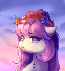 Size: 1280x1408 | Tagged: safe, artist:ghst-qn, oc, oc only, pony, bust, chest fluff, crying, ear piercing, floral head wreath, flower, freckles, piercing, pink mane, portrait, sad, sky, solo, sunset