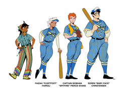 Size: 3846x2826 | Tagged: safe, artist:bixels, fleetfoot, rainbow dash, soarin', spitfire, human, the grand galloping 20s, g4, alternate name, baseball, baseball bat, baseball cap, cap, clothes, female, hat, humanized, light skin, male, moderate dark skin, simple background, sports, tan skin, text, uniform, white background