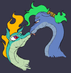 Size: 1698x1734 | Tagged: safe, artist:swayedy, baihe (tfh), tianhuo (tfh), dragon, hybrid, longma, them's fightin' herds, community related, female, lesbian, licking, looking at each other, looking at someone, mane of fire, one eye closed, ship:baihuo, shipping, simple background, tongue out