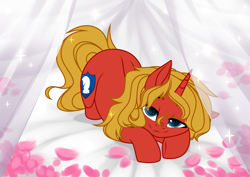 Size: 3465x2454 | Tagged: safe, artist:puppet faces, artist:sparkling_light base, oc, oc only, oc:steel prism, pony, unicorn, ass up, base used, bed, butt, cute, female, flower, heart, heart eyes, horn, looking at you, lying down, mare, on bed, petals, plot, prone, rule 63, solo, wingding eyes