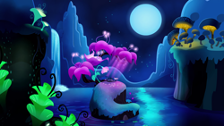 Size: 3840x2160 | Tagged: safe, ai content, screencap, princess luna, alicorn, pony, do princesses dream of magic sheep, g4, my little pony: friendship is magic, cute, dream, eyes closed, female, flower, giant flower, giant mushroom, glowing flower, glowing mushroom, luna's dream, lunabetes, lying down, majestic, mare, moon, mushroom, night, pond, prone, scenery, scenery porn, sleeping, solo, surreal, visual effects of awesome, water, waterfall