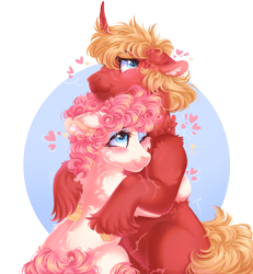 Size: 2400x2600 | Tagged: safe, artist:roselord, oc, oc only, oc:honey bun, oc:steel prism, pony, unicorn, cuddling, fluffy, horn, love, oc x oc, shipping