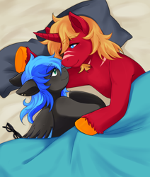 Size: 2122x2500 | Tagged: safe, artist:the-cat1, oc, oc only, oc:dj, oc:steel prism, pegasus, pony, unicorn, bed, cuddling, horn, lying down, scar, scared