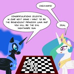 Size: 900x900 | Tagged: safe, artist:kitsune the fox, applejack, fluttershy, nightmare moon, pinkie pie, princess celestia, rainbow dash, rarity, twilight sparkle, alicorn, g4, chess, chess piece, chessboard, female, females only, mane six, speech bubble