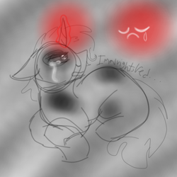 Size: 2393x2393 | Tagged: safe, artist:earth.loser, oc, oc only, oc:flasher, unicorn, comic:past(flasher), backstory, black eye, bruised, colt, crying, foal, horn, implied abuse, male, oc story, red magic, red orb, sad