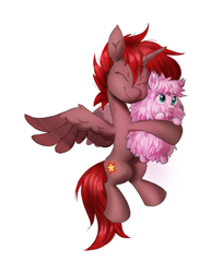 Size: 1512x1844 | Tagged: safe, artist:khvorost162, oc, oc:fluffle puff, oc:hardy, alicorn, earth pony, pony, :p, eyes closed, female, full body, hug, male, mare, simple background, smiling, smol, spread wings, stallion, tongue out, white background, wings