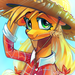 Size: 2100x2100 | Tagged: safe, artist:krista-21, applejack, earth pony, g4, applebetes, bow, clothes, cute, food, freckles, hair bow, hat, hoof hold, looking at you, plaid shirt, raised hoof, shirt, smiling, smiling at you, solo, straw hat, wheat