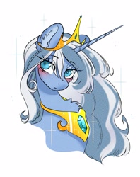 Size: 2325x2934 | Tagged: safe, artist:opalacorn, oc, oc only, pony, unicorn, blushing, bust, chest fluff, crown, eye clipping through hair, eyebrows, eyebrows visible through hair, female, horn, jewelry, lidded eyes, long horn, mare, peytral, regalia, solo, sparkles