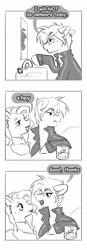 Size: 1428x4096 | Tagged: safe, artist:opalacorn, oc, oc only, earth pony, pony, awkward, black and white, clothes, comic, dialogue, duo, duo male and female, ear piercing, earring, female, flirting, glass, grayscale, jacket, jewelry, leather, leather jacket, lipstick, male, mare, mirror, monochrome, necklace, piercing, stallion