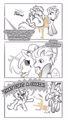 Size: 1800x3238 | Tagged: safe, artist:opalacorn, oc, oc only, pegasus, pony, unicorn, black and white, chair, choker, comic, dialogue, duo, duo female, female, gray sclera, grayscale, horn, horns, mare, monochrome, offscreen character, partial color, speech bubble