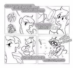 Size: 3000x2831 | Tagged: safe, artist:opalacorn, oc, oc only, earth pony, pegasus, pony, black and white, bowl, choking, comic, commission, dialogue, duo, duo female, eating, female, grayscale, hoof hold, mare, monochrome, rock, speech bubble, spoon