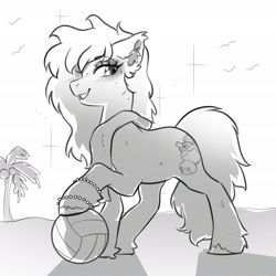 Size: 2700x2700 | Tagged: safe, artist:opalacorn, oc, oc only, earth pony, pony, beach, black and white, bracelet, commission, ear fluff, female, fetlock tuft, grayscale, grin, jewelry, looking at you, mare, monochrome, outdoors, palm tree, smiling, smiling at you, solo, sports, tree, volleyball