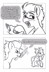 Size: 2700x3977 | Tagged: safe, artist:opalacorn, rainbow dash, oc, earth pony, pegasus, pony, g4, 2 panel comic, black and white, comic, commission, dialogue, duo, duo male and female, female, floppy ears, frown, glasses, grayscale, knife, lidded eyes, male, mare, monochrome, mouth hold, new year, open mouth, open smile, smiling, sparkles, speech bubble, stallion, sweat