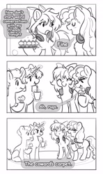 Size: 2428x4096 | Tagged: safe, artist:opalacorn, oc, oc only, oc:cinnabyte, oc:lillybit, earth pony, pony, unicorn, black and white, commission, cupcake, dialogue, drink, drinking, drinking straw, female, food, grayscale, headphones around neck, headset, hoof hold, horn, levitation, magic, male, mare, monochrome, rug, speech bubble, stallion, telekinesis