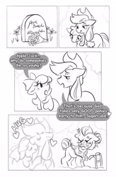 Size: 2691x4096 | Tagged: safe, artist:opalacorn, apple bloom, applejack, granny smith, earth pony, pony, g4, apple sisters, black and white, comic, cross-popping veins, dialogue, emanata, female, filly, floating heart, foal, frown, gravestone, grayscale, heart, hug, implied pear butter, mare, monochrome, narrowed eyes, open mouth, open smile, siblings, simple background, sisters, smiling, speech bubble, teary eyes, walker, white background