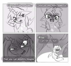 Size: 2909x2700 | Tagged: safe, artist:opalacorn, queen chrysalis, oc, changeling, changeling queen, g4, black and white, changeling oc, comic, dialogue, duo, duo female, female, grayscale, looking at you, monochrome, open mouth, slit pupils, solo focus, speech bubble, star wars, talking to viewer