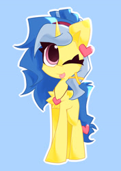 Size: 2428x3430 | Tagged: safe, artist:scarshine, oc, oc only, pony, unicorn, :p, blue mane, heart, horn, light blue background, pink eyes, simple background, solo, tongue out, yellow coat