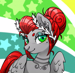 Size: 3026x2936 | Tagged: safe, artist:opalacorn, oc, oc only, oc:void, pegasus, pony, abstract background, bust, ear piercing, earring, female, jewelry, laurel wreath, looking at you, mare, necklace, nose piercing, nose ring, piercing, smiling, smiling at you, solo