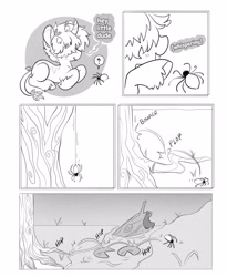 Size: 3000x3666 | Tagged: safe, artist:opalacorn, oc, oc only, pony, spider, unicorn, black and white, comic, dialogue, grayscale, hair over eyes, horn, lying down, monochrome, mushroom, outdoors, prone, solo, speech bubble