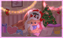 Size: 3340x2020 | Tagged: safe, artist:olivi, oc, oc:red rocket, pony, unicorn, christmas, christmas tree, commission, computer, happy, heart, hearth's warming, holiday, horn, laptop computer, lights, plushie, solo, teddy bear, tree, unicorn oc, ych result