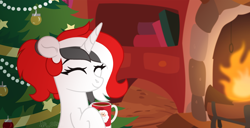 Size: 2280x1164 | Tagged: safe, artist:olivi, oc, oc:red rocket, unicorn, christmas, christmas ornament, christmas tree, commission, decoration, fire, hearth's warming, holiday, horn, mug, santa claus, solo, tree, unicorn oc, ych result