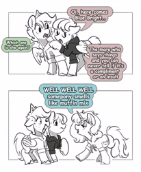 Size: 3000x3636 | Tagged: safe, artist:opalacorn, oc, oc only, oc:blue bright, pegasus, pony, unicorn, black and white, clothes, commission, dialogue, female, floppy ears, freckles, grayscale, grin, hoodie, horn, lidded eyes, male, mare, monochrome, nervous, nervous smile, partial color, simple background, smiling, stallion, trio, white background