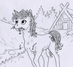 Size: 581x533 | Tagged: safe, artist:adeptus-monitus, lyra heartstrings, pony, unicorn, g4, horn, monochrome, solo, traditional art