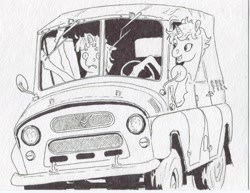 Size: 769x593 | Tagged: safe, artist:adeptus-monitus, lyra heartstrings, twilight sparkle, pony, unicorn, g4, car, driving, horn, monochrome, traditional art, uaz