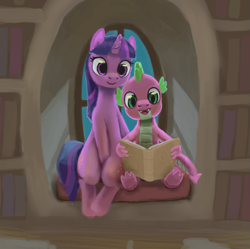 Size: 1857x1851 | Tagged: safe, artist:odooee, spike, twilight sparkle, dragon, pony, unicorn, g4, book, duo, duo male and female, female, golden oaks library, horn, male, mare, open mouth, open smile, reading, sitting, smiling, unicorn twilight, window