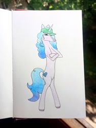 Size: 961x1280 | Tagged: safe, artist:erisdich, izzy moonbow, pony, unicorn, anthro, g5, cap, colored, ears up, eyes open, hat, horn, lineart, long hair, long pony, long tail, notebook, paper, pencil, pencil drawing, photo, standing, standing on one leg, tail, traditional art