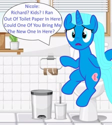 Size: 2081x2322 | Tagged: safe, artist:memeartboi, pony, unicorn, g4, bathroom, but why, calling, empty toilet paper spool, female, heart, heart cutiemark, horn, imminent flush, indoors, mare, mother, nervous, nicole watterson, open mouth, plunger, ponified, sitting, sitting on toilet, solo, solo female, speech bubble, text, the amazing world of gumball, toilet, toilet humor, toilet paper roll, toilet paper tube, trash can, unicorn horn, worried