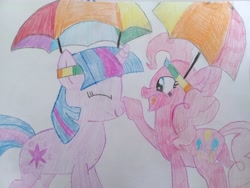 Size: 4096x3072 | Tagged: safe, artist:victoric1993, pinkie pie, twilight sparkle, earth pony, unicorn, feeling pinkie keen, g4, my little pony: friendship is magic, eyes closed, gotcha, happy, hat, horn, scene interpretation, simple background, traditional art, umbrella hat, white background