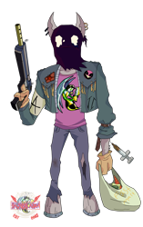 Size: 3086x4922 | Tagged: safe, artist:jawslocks03, oc, oc only, oc:the janitor, earth pony, anthro, unguligrade anthro, bag, biker, biker gang, bipedal, carrot, character render, clothes, deagle, denim, denim jacket, desert eagle, food, grocery bag, gun, heroine, hoodie, jacket, lottery ticket, mask, mlha, my little hazards area, opposable hooves, parody, reupload, riding wasps, sack mask, simple background, solo, syringe, transparent background, weapon