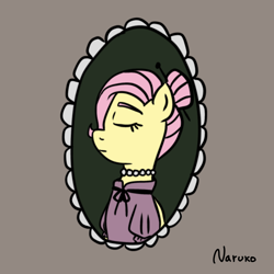 Size: 1280x1280 | Tagged: safe, artist:wrath-marionphauna, fluttershy, g4, clothes, eyes closed, hair bun, jewelry, solo, vintage