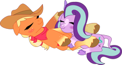 Size: 1708x912 | Tagged: safe, artist:prixy05, applejack, starlight glimmer, earth pony, pony, unicorn, g4, duo, duo female, female, horn, lesbian, lying down, ship:glimmerjack, shipping, sleeping