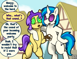 Size: 3850x2975 | Tagged: safe, artist:boundbrush, dj pon-3, vinyl scratch, oc, earth pony, pony, unicorn, g4, bipedal, dialogue, duo, furry, furry to pony, high res, hoof on shoulder, horn, hypno eyes, ponyville, speech bubble, transformation, welcome to the herd