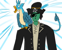 Size: 5200x4200 | Tagged: safe, artist:horsesplease, gallus, oc, oc:anon, g4, clothes, costume, crowing, eyepatch, gallus the parrot, gallus the rooster, perching, pirate