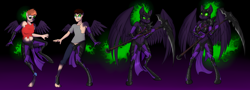 Size: 5000x1800 | Tagged: safe, artist:tomek1000, oc, oc only, alicorn, bat pony, human, anthro, unguligrade anthro, armor, duo, fantasy class, female, gradient background, high res, human to anthro, male, multeity, scythe, surprised, transformation, transgender transformation, twinning, warrior, weapon