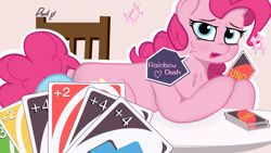 Size: 1920x1080 | Tagged: safe, artist:dark_pp, pinkie pie, rainbow dash, earth pony, pegasus, pony, g4, blushing, card game, chest fluff, female, looking at you, mesugaki, open mouth, simple background, smiling, smug, speech bubble, table, this will end in tears, uno