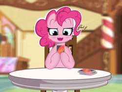 Size: 1440x1080 | Tagged: safe, artist:dark_pp, pinkie pie, earth pony, g4, card game, chair, cheek fluff, female, happy, mesugaki, open mouth, sitting, smiling, solo, sugarcube corner, table, uno