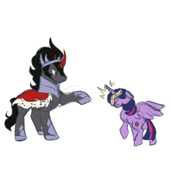 Size: 2048x2048 | Tagged: safe, artist:amanecerlobo, king sombra, twilight sparkle, alicorn, pony, unicorn, g4, duo, duo male and female, female, food, horn, male, mare, quesadilla, stallion, throwing, twilight sparkle (alicorn)