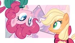 Size: 2048x1187 | Tagged: safe, artist:nay_kater, applejack, pinkie pie, earth pony, pony, g4, belt, clothes, crossover, duo, duo female, female, freckles, jacket, mare, open mouth, pink guard (squid game), pinkie being pinkie, shirt, squid game, squid game 2, t-shirt, upside down