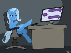 Size: 1508x1120 | Tagged: safe, artist:tiska, starlight glimmer, pony, unicorn, g4, art, chair, chat, computer, cyrillic, desk, horn, keyboard, office chair, russian, solo