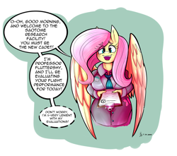 Size: 3304x2924 | Tagged: safe, artist:freehdmcgee, fluttershy, pegasus, pony, anthro, series:getter robo exo, g4, clipboard, clothes, dialogue, dress, necktie, nervous, nervous smile, offscreen character, pov, smiling, solo, speech bubble, suit, talking to viewer, wings