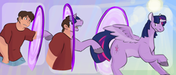 Size: 5000x2146 | Tagged: safe, artist:trubbol, twilight sparkle, alicorn, human, pony, g4, high res, human to pony, portal, transformation, transformation ring, transformation sequence, twilight sparkle (alicorn), unshorn fetlocks