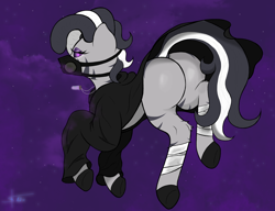 Size: 3000x2300 | Tagged: safe, artist:anix_space, oc, oc only, oc:mind breaker, zebra, butt, falling, glowing, glowing eyes, respirator, sky, star travelers, zebra oc