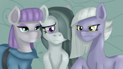 Size: 1920x1080 | Tagged: safe, artist:jbond, limestone pie, marble pie, maud pie, earth pony, pony, g4, clothes, cute, female, marblebetes, mare, outdoors, pie sisters, raised hoof, rock farm, siblings, sisters, trio